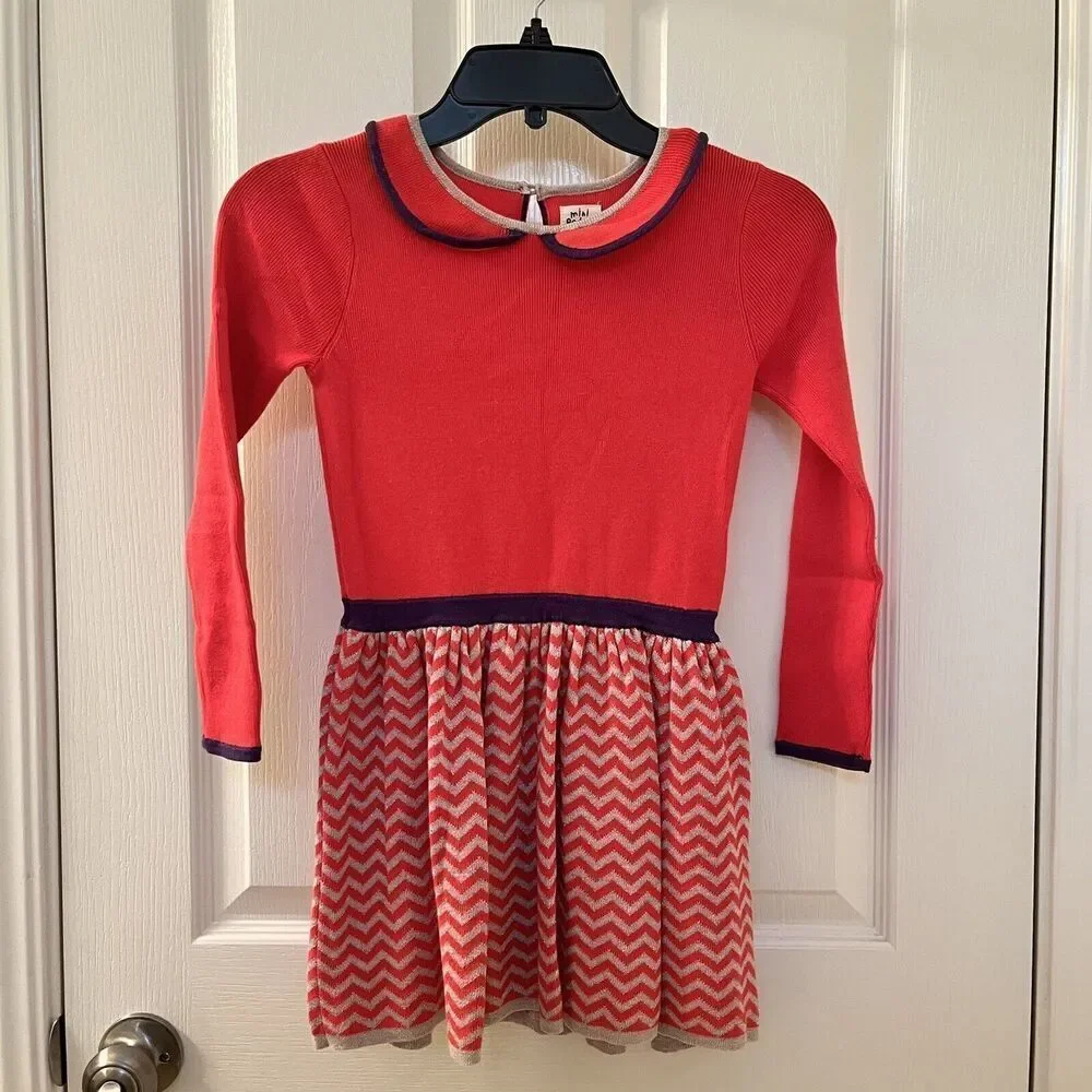 Mini Boden Long Sleeve Peter Pan Collar Sweater Dress Chevron Girls Size 5-6